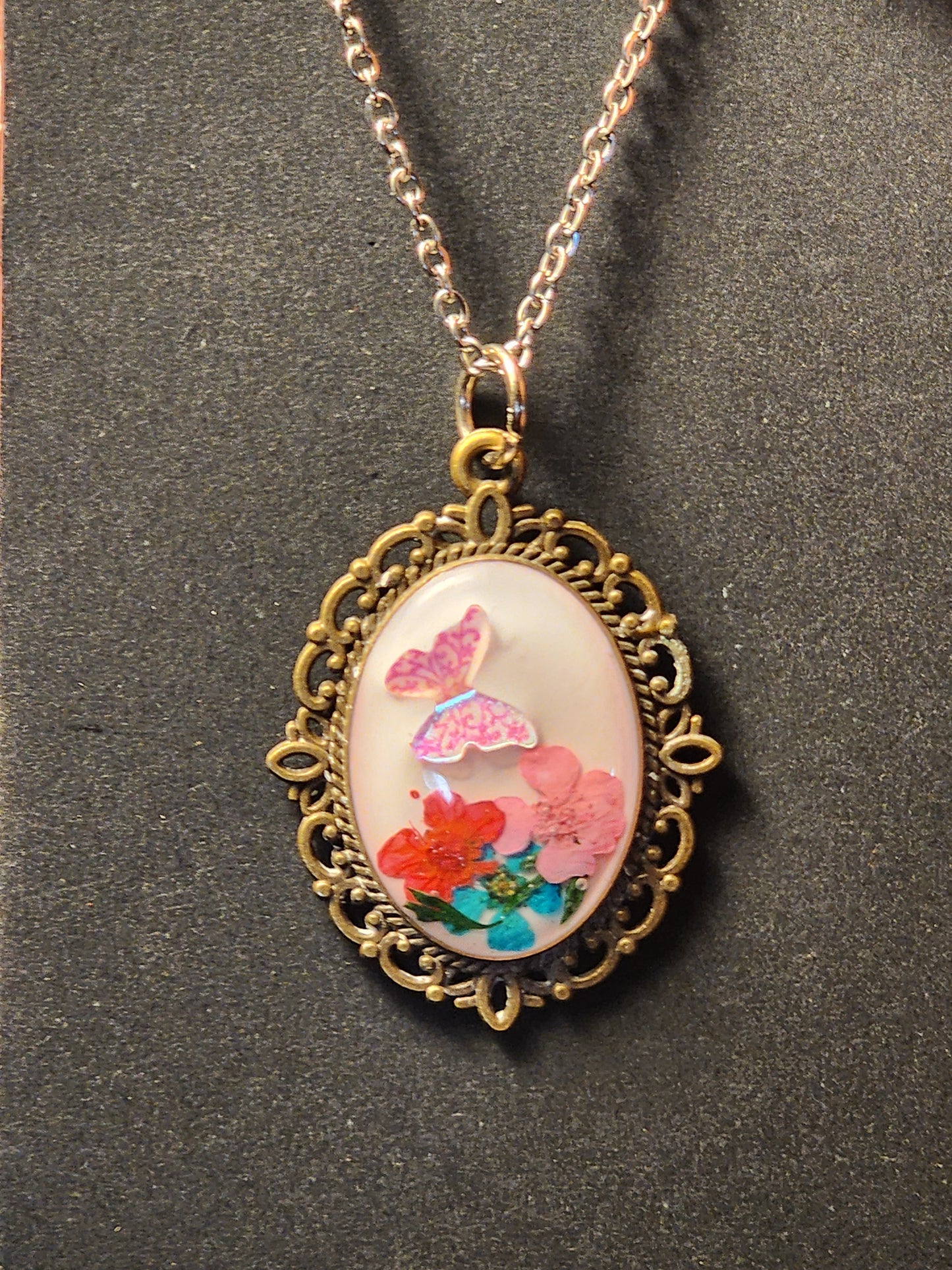 Vintage Oval floral butterfly Necklace